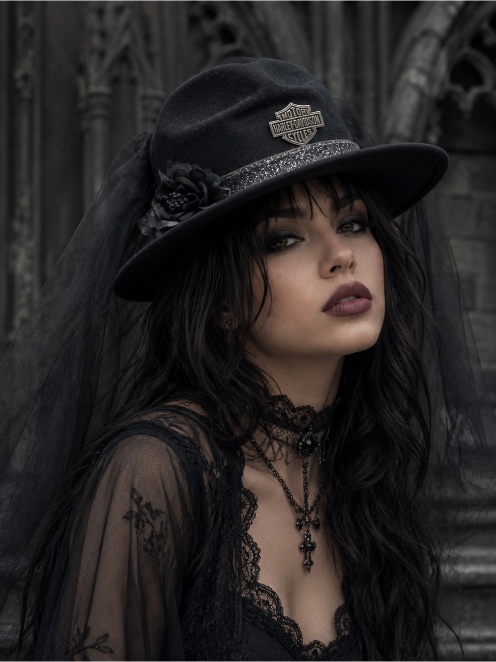 Harley-Davidson Black Wool Victorian Gothic Steampunk Fedora Flower Tulle Medium